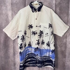 Shoreline Bahamas Palm Tree Tropical Shirt Mens 4XL White Blue Cotton Hawaiian